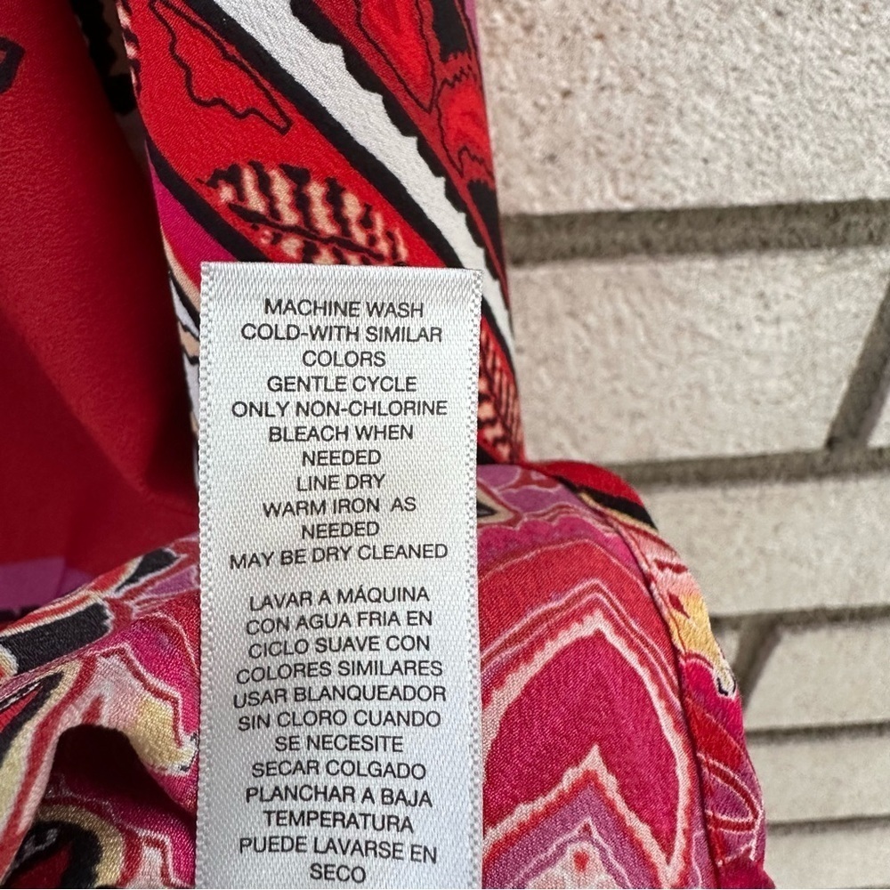 Chico’s Red Patchwork Paisley Peasant Blouse Split Neck Boho Scarf Print Top XL - Picture 9 of 14